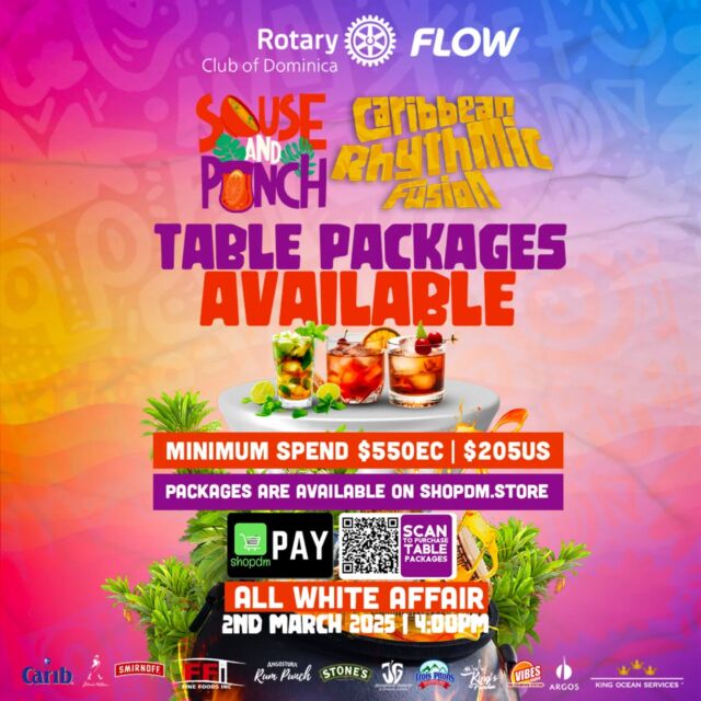 There's still time to get your table packages at The Original Souse and Punch. All White Affair happening TOMORROW! 🎊 🍾 LIMITED TABLES AVAILABLE. ORDER NOW https://pay.shopdm.store/rotary-dominica/c/rotary-souse-and-punch-2025 Last batch of tickets available on Ticketpal 🔗 https://secure.ticketpal.com/event/rotary-club-of-dominica-the-original-souse-and-punch---all-white-affair See you there. #rotaryclubofdominica #district7030 #ServiceAboveSelf #serviceproject #fundraiser #MasDomnik2025 #DominicaFestivals