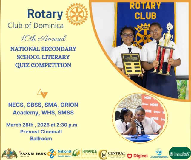 📚✨ Promoting Literacy, Empowering Youth! ✨📚 The Rotary Club of Dominica, in collaboration with the Ministry of Education and Human Resource Development, proudly presents the 10th Annual National Secondary Schools Literacy Quiz Competition! 🎉📖 📅 Date: March 28th, 2024 ⏰ Time: 2:30 PM 📍 Venue: Prevost Cinemall Conference Room 🎯 Theme: "Building Strong Communities through Literacy" This exciting competition encourages students to engage in Rotary International’s worldwide literacy initiatives, stimulating their minds, reinforcing learning, and inspiring a passion for reading. Participating Schools: 🏫 St. Mary’s Academy 🏫 Orion Academy 🏫 Castle Bruce Secondary School 🏫 Northeast Comprehensive 🏫 Wesley High School 🏫 St. Martin Secondary School We extend our heartfelt gratitude to the Ministry of Education, principals, teachers, students, parents, and our generous sponsors for their unwavering support in making this event a success! 💙💛 Join us as we celebrate the power of literacy, learning, and community! 📚✨ #RotaryClubofDominica #ServeToChangeLives #LiteracyMatters #BuildingStrongCommunities #RotaryInternational #YouthEmpowerment #district7030 #themagicofrotary